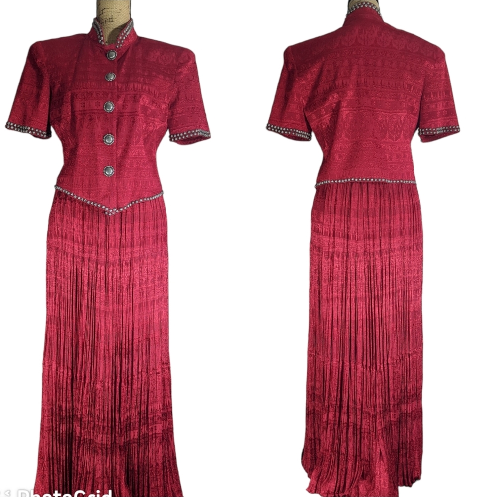 VTG Double D 3pc Set M Red Maxi Skirt Cropped Jacket Tank Top Embroidery Western